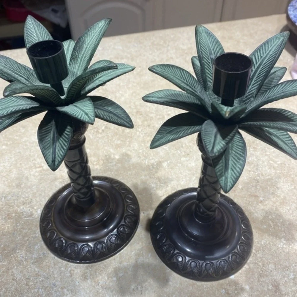 Pair of‎ Brass Decorative Palm Tree Candle Sticks 9 X 5 Made in India 690